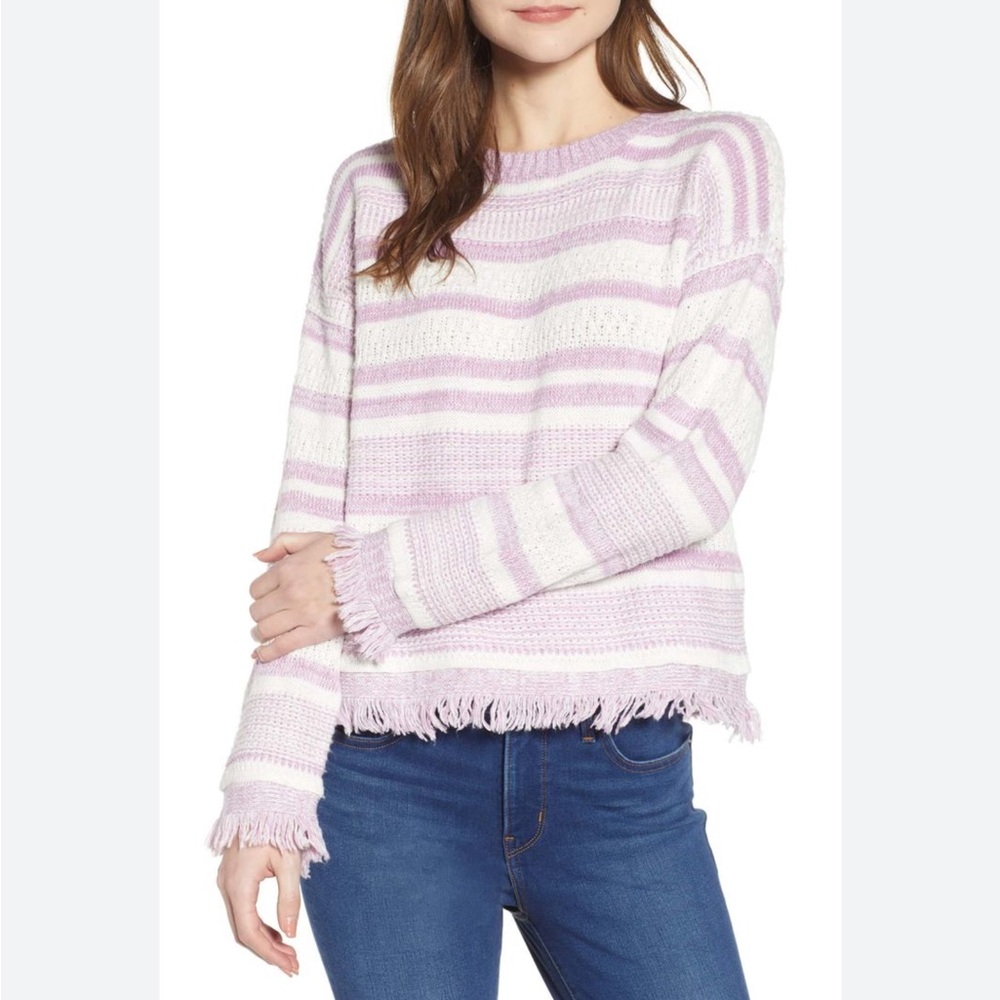 EUC Anthropologie Moon River Lavender and White Striped  fringe hem sweater